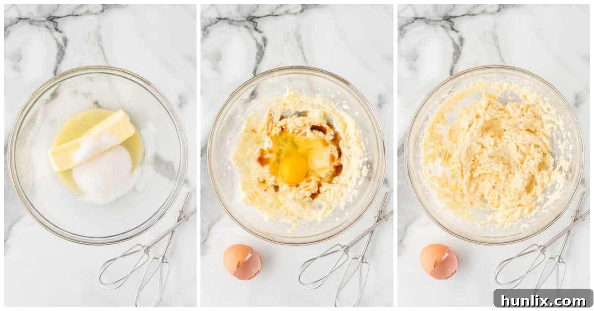 Close-up shot of butter and sugars being creamed together in a mixing bowl with an electric mixer, forming a light and fluffy base for Cowboy Cookies.