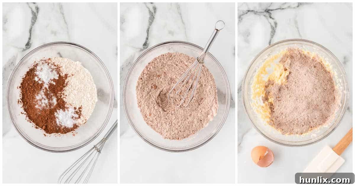A bowl of dry ingredients for Cowboy Cookies: flour, cocoa powder, baking powder, baking soda, and salt, ready to be mixed.