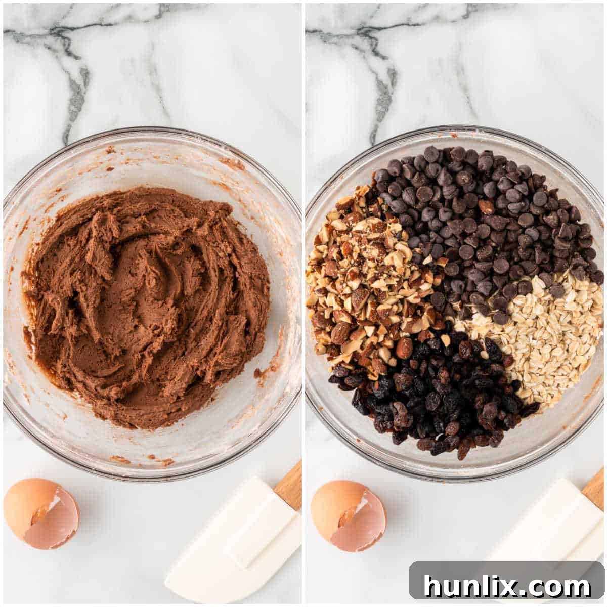 A mixing bowl where dry ingredients are being added to the creamed butter and sugar mixture, showing the initial stages of dough formation for Cowboy Cookies.