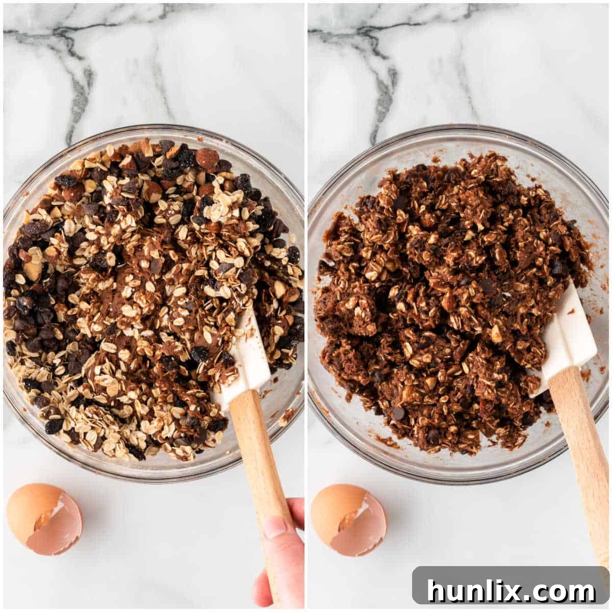 The final stage of preparing Cowboy Cookie dough, with oats, chocolate chips, raisins, and almonds folded into the batter, showcasing a rich, textured mixture.