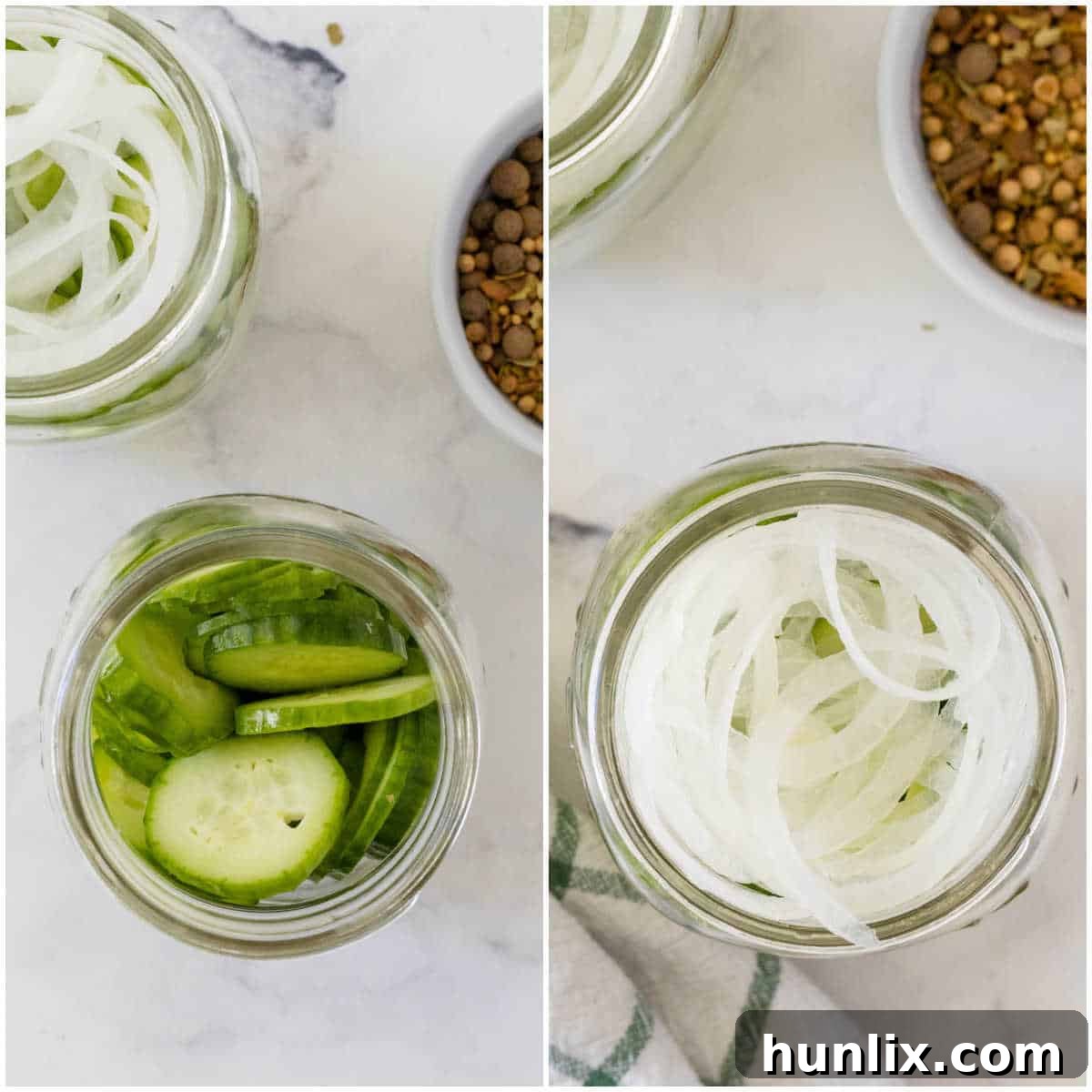 Step-by-step image showing thinly sliced cucumbers and onions being prepared for refrigerator pickles, placed in a mason jar.