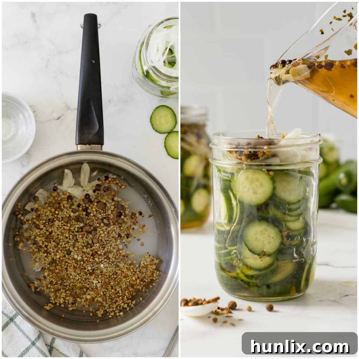 A visual guide showing the process of pouring pickling brine over sliced cucumbers and onions in a mason jar for refrigerator pickles.