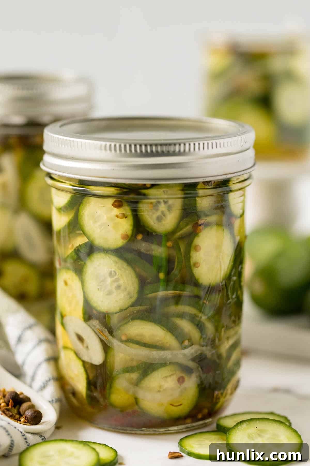 A jar of homemade refrigerator pickles, showcasing their inviting appearance and hinting at their crisp, tangy flavor. Ideal for simple, quick snacks.