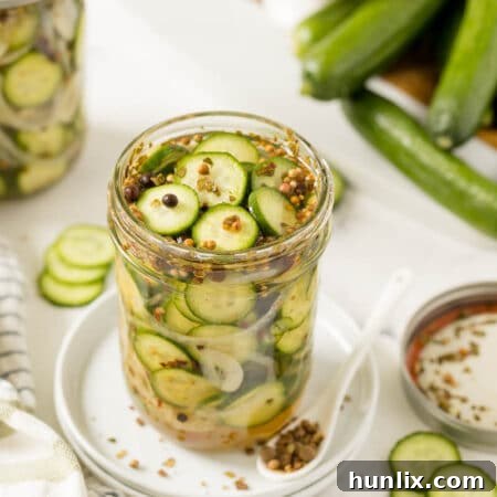 A jar of refrigerator pickles, showcasing their vibrant color and fresh appearance, ready for a quick and easy pickling process.