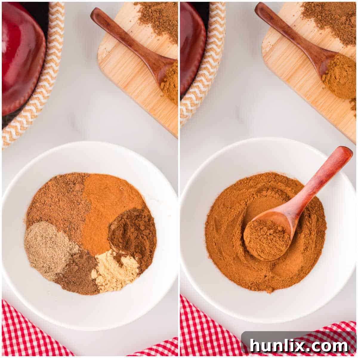 A collage showing the simple process of making apple pie spice: individual spices in a bowl, then thoroughly mixed, demonstrating the ease of preparation for this homemade blend.