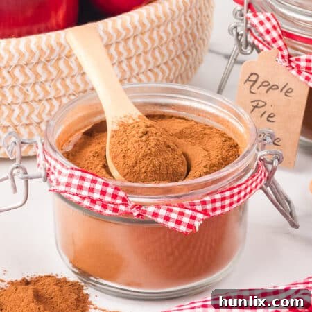 A jar of homemade apple pie spice with a wooden spoon.