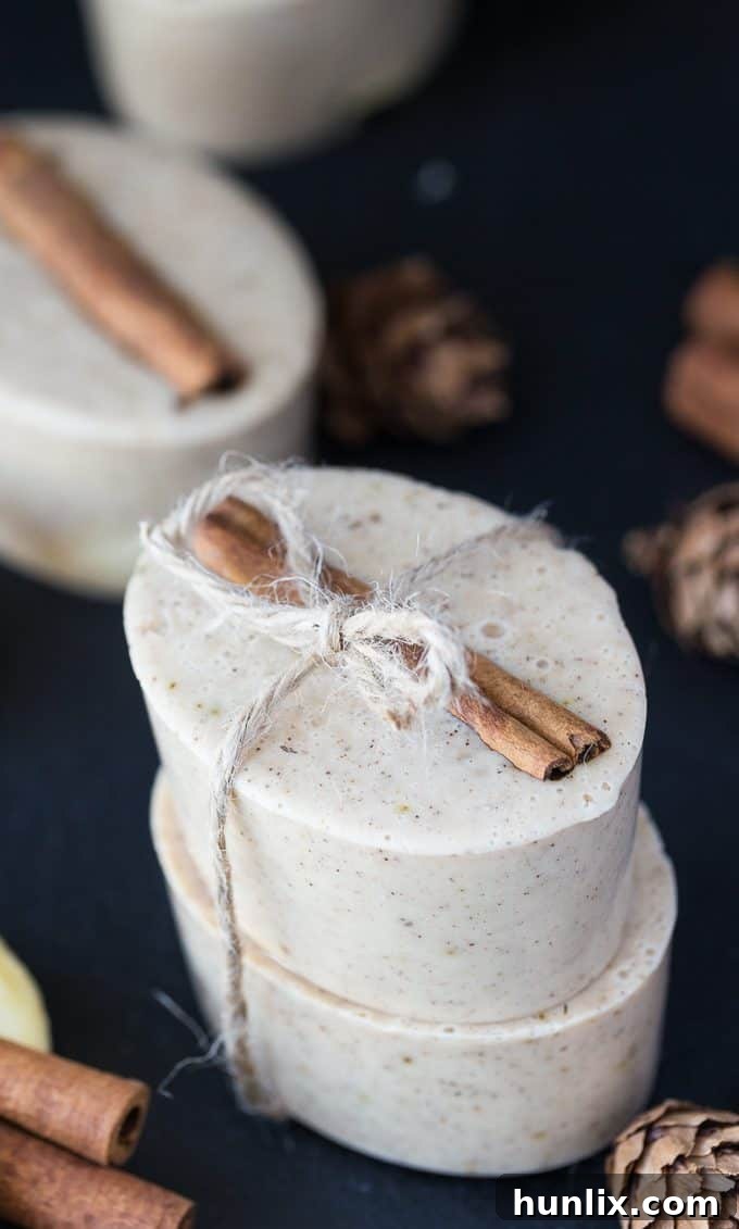 Warm Spiced Apple Goat Milk Bar 4 Beautifully crafted Apple Cinnamon Goat's Milk Soap bars, adorned with dried apple slices and cinnamon sticks, making them perfect for gifting.