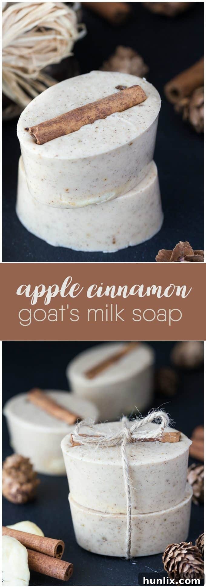 Warm Spiced Apple Goat Milk Bar 6 A vibrant collage of Apple Cinnamon Goat's Milk Soap, highlighting the ingredients and the finished product – a perfect autumnal treat for your skin.