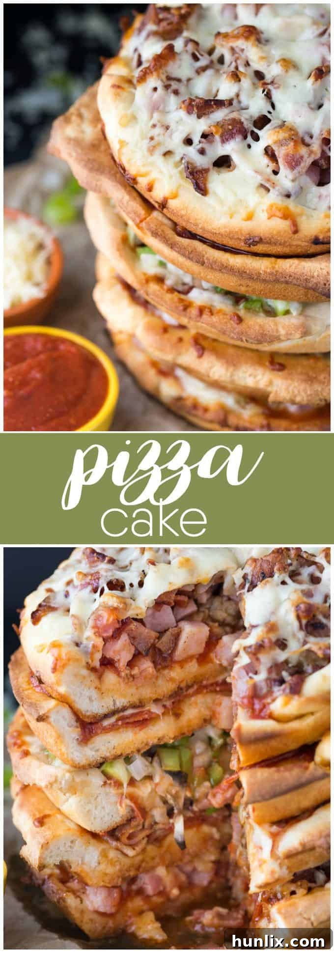 The Ultimate Pizza Stack 15 Pizza Cake - A pizza lover's dream! Every layer is a different flavor for when you can't decide between Meat Lovers and Canadian.