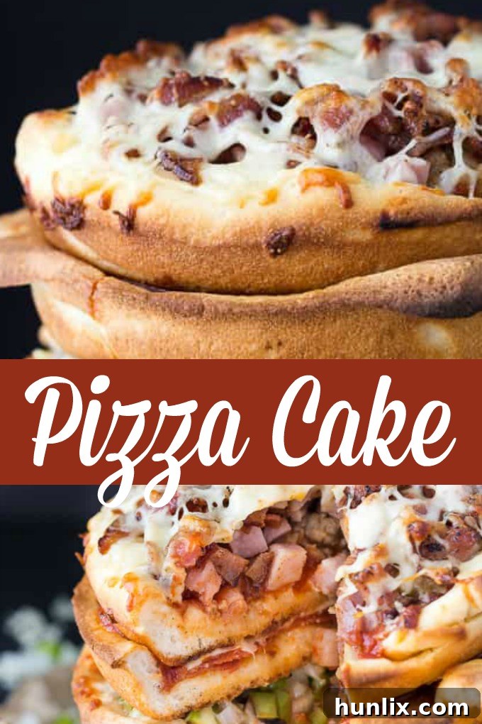 The Ultimate Pizza Stack 7 Pizza Cake - A pizza lover's dream! Every layer is a different flavor for when you can't decide between Meat Lovers and Canadian.