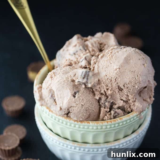 Reese's Peanut Butter Perfection 3 Close-up of freshly churned Reese Ice Cream, showcasing its smooth texture and rich color.