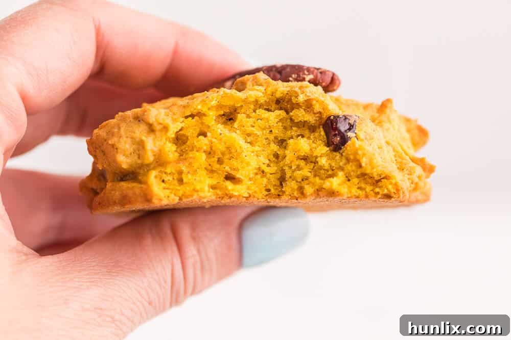A hand holds a delicious pumpkin breakfast cookie, showing a bite taken out of it, revealing its soft interior.