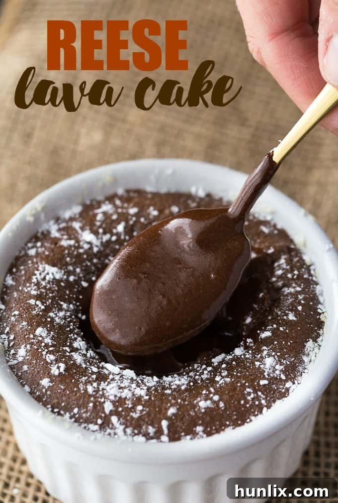 Reese Lava Cake - Decadent dessert alert! This sinfully rich chocolate cake is filled with gooey peanut butter goodness.