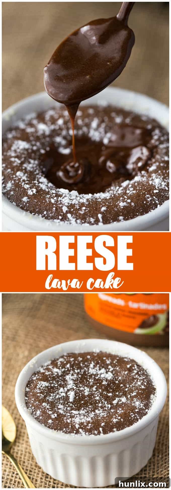 Reese Lava Cake - Decadent dessert alert! This sinfully rich chocolate cake is filled with gooey peanut butter goodness.