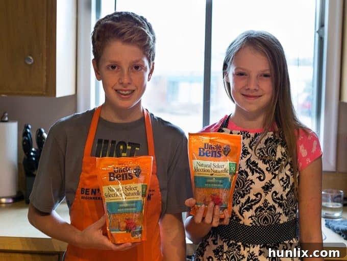 Kids excitedly preparing Black Bean & Rice Open-Faced Tacos, stirring ingredients in a bowl.