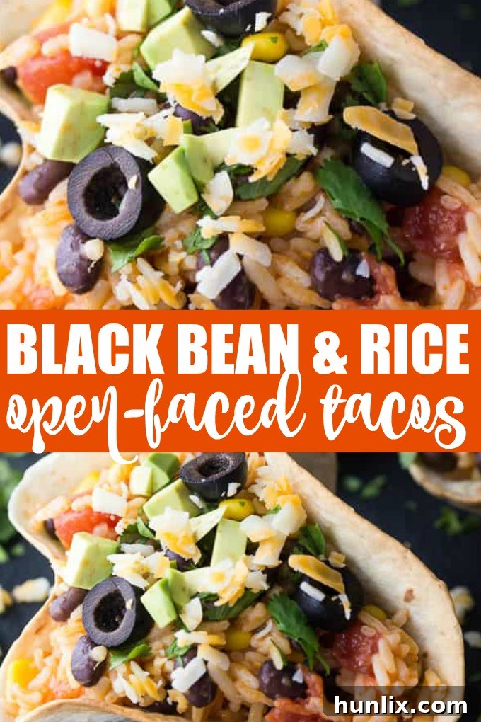 Collage of Black Bean & Rice Open-Faced Tacos with various toppings and preparation steps.