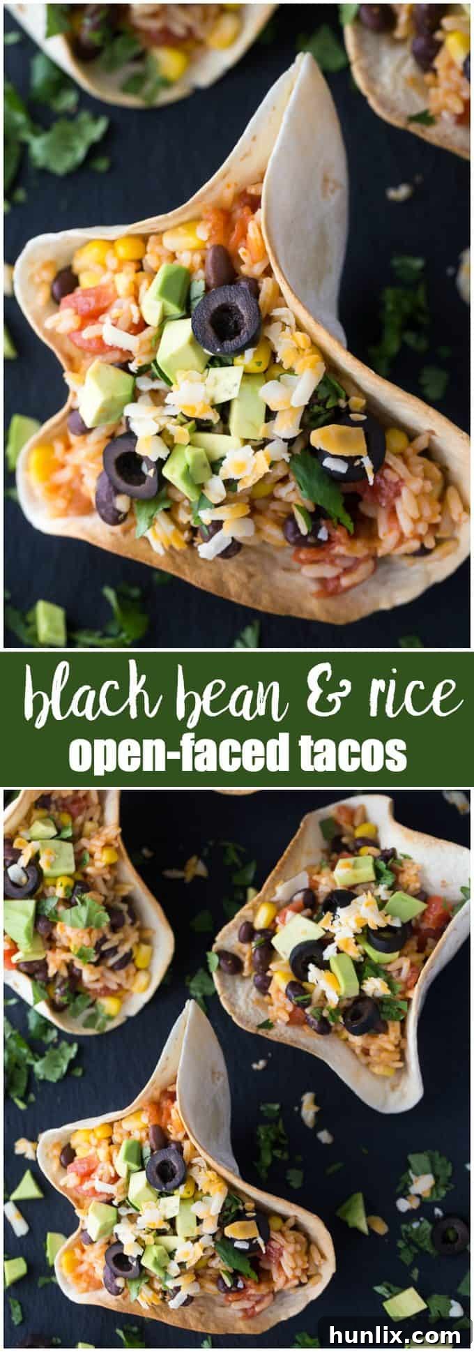 Large collage of various stages of preparing and enjoying Black Bean & Rice Open-Faced Tacos with kids.