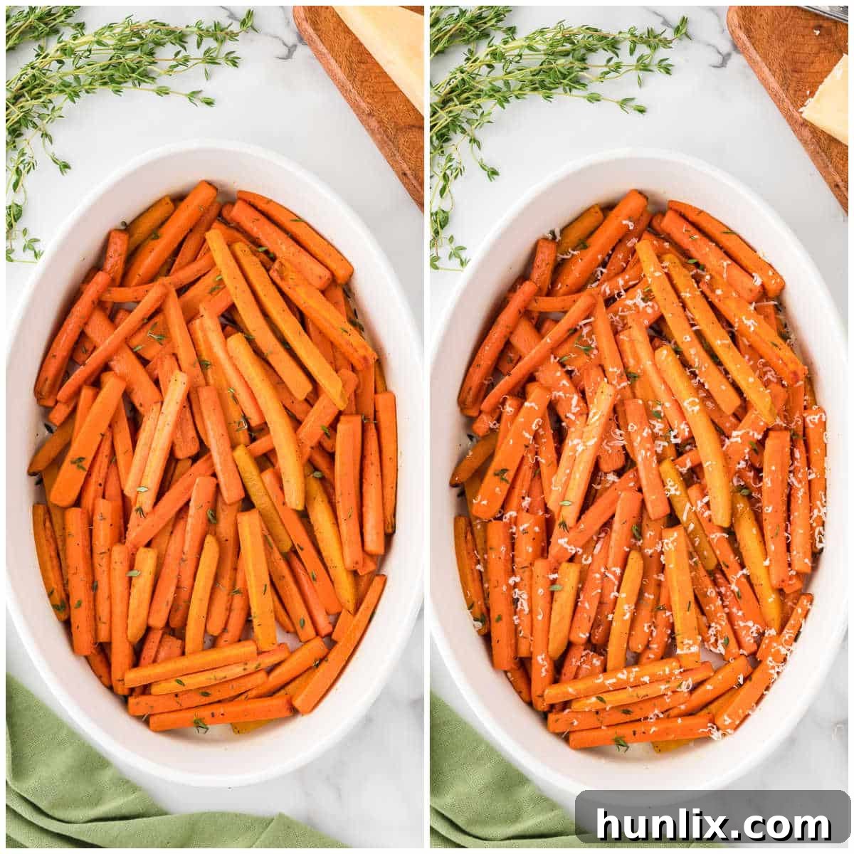 Steps to make Parmesan roasted carrots.