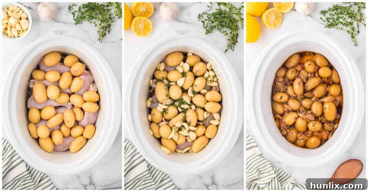 Steps to make a slow cooker 40 clove garlic chicken.