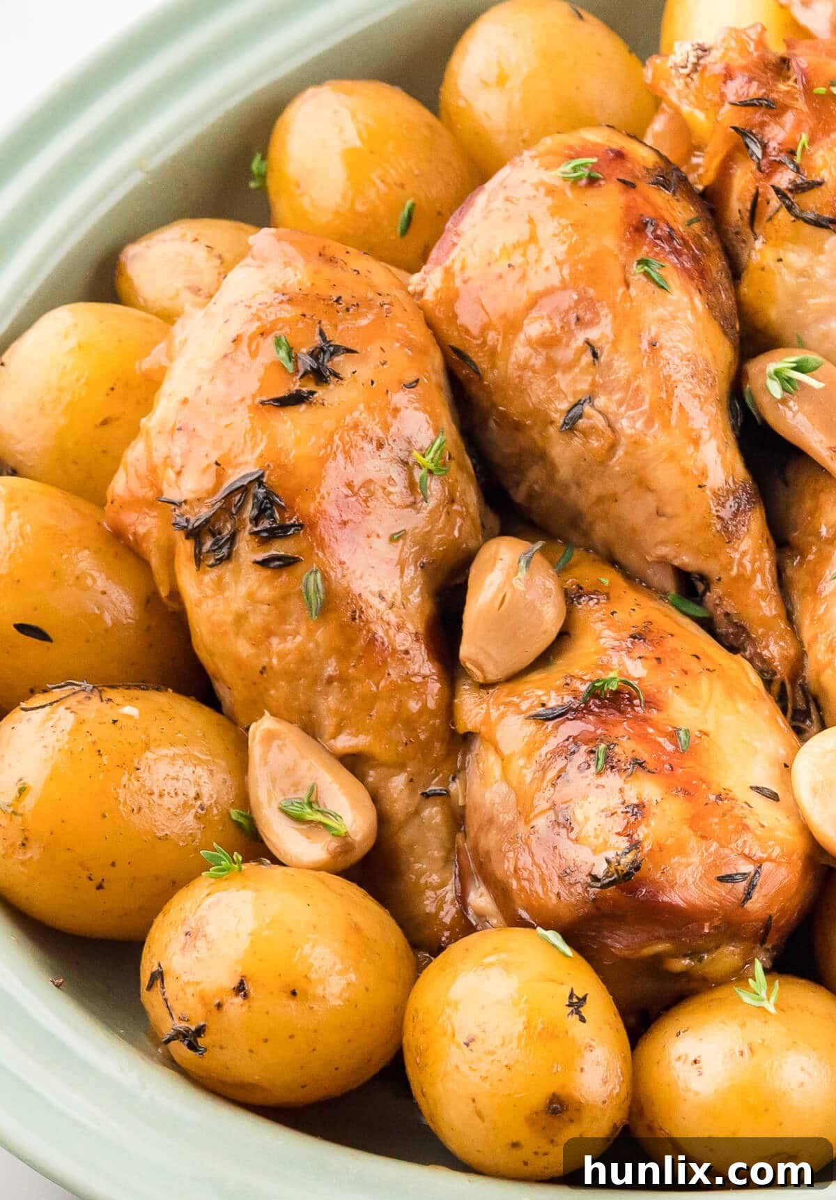 40 clove garlic chicken on a platter.