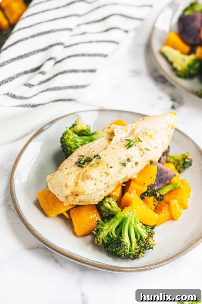 Full spread of the One-Pan Maple Dijon Chicken and vegetables, perfect for a family meal.