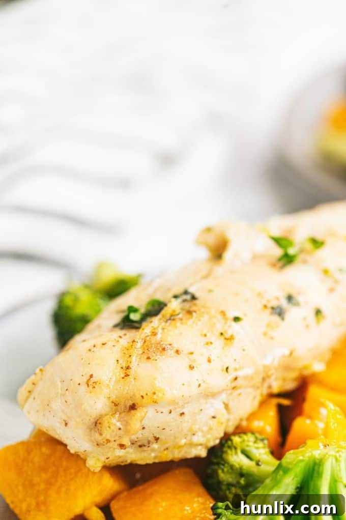 Serving of roasted chicken and mixed vegetables with a focus on the delicious glaze.