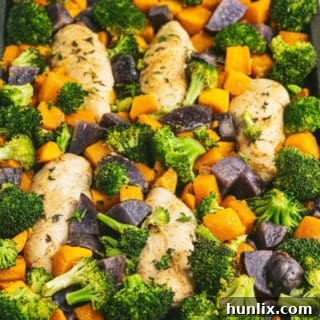 One-Pan Maple Dijon Chicken - This one-pan meal is perfect for those busy weeknights. You’ll love the tender chicken baked with butternut squash, purple potatoes and broccoli roasted to perfection.