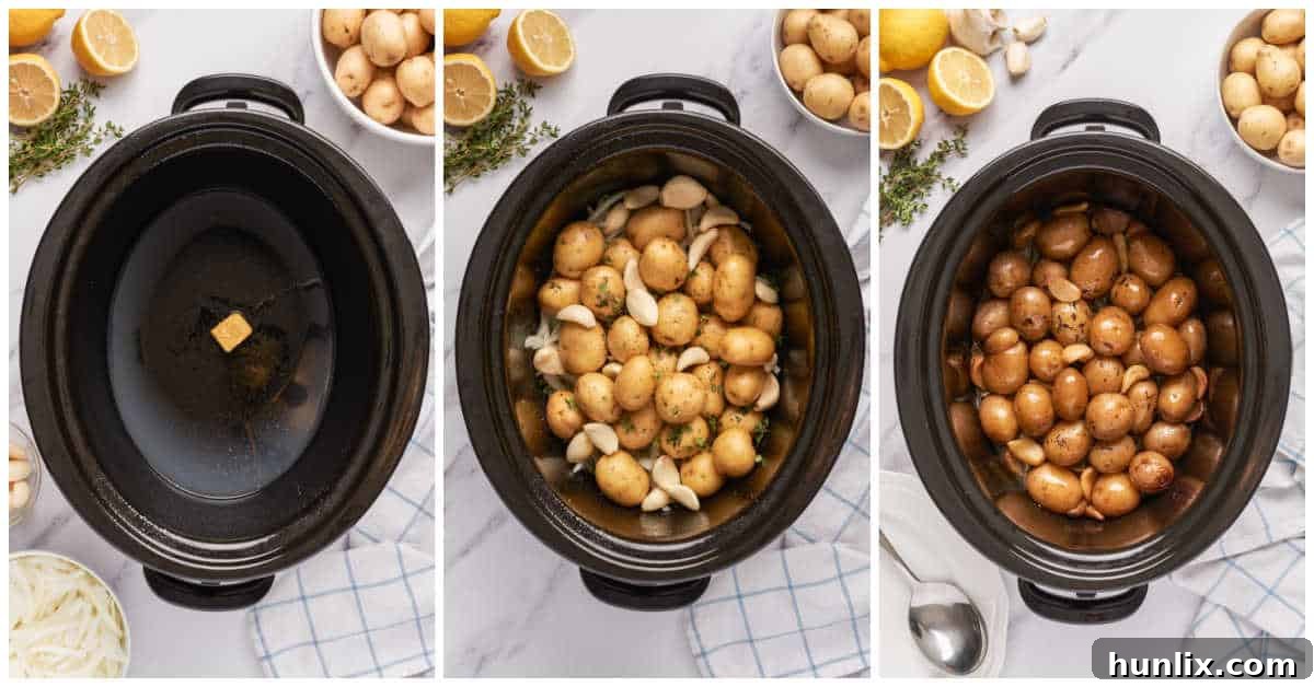 Garlic-Infused Slow Cooker Potatoes 4 Preparing the base of the slow cooker with onions, broth, and lemon juice before adding potatoes.