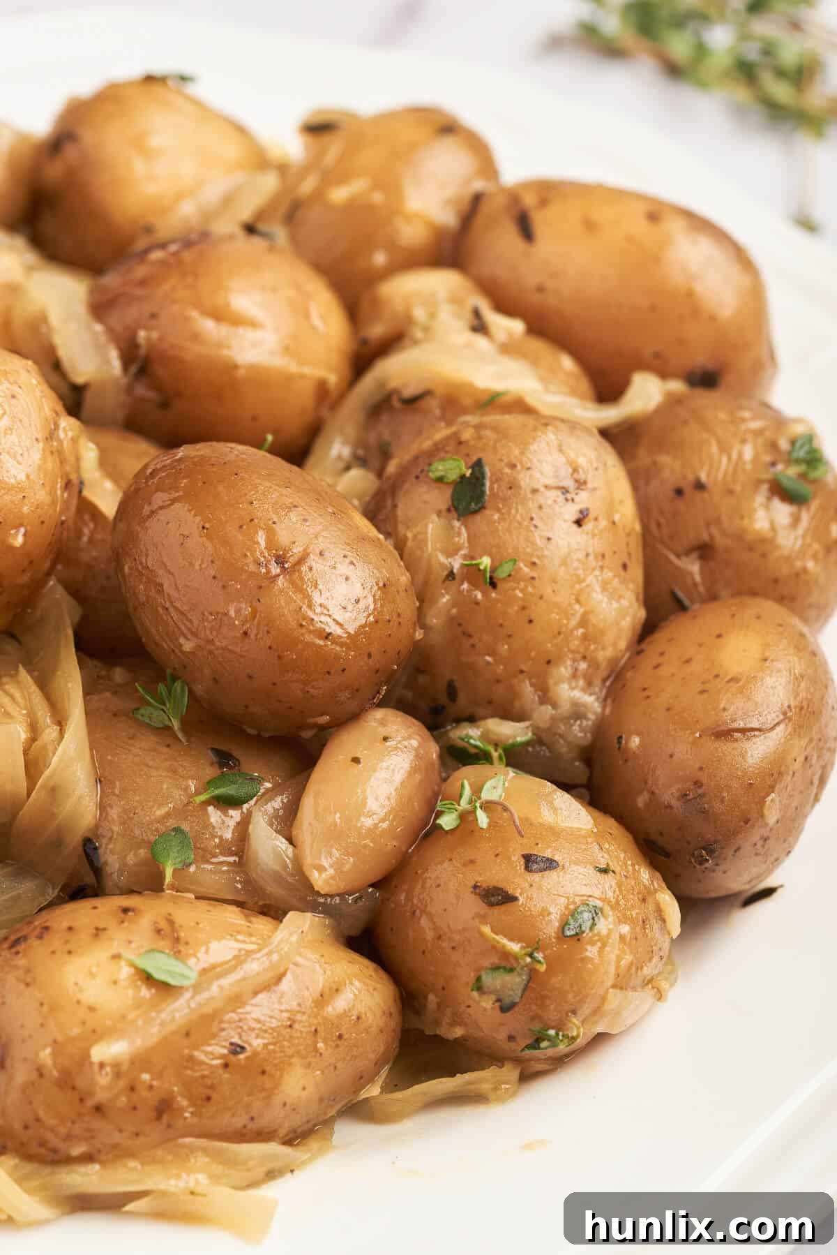 Garlic-Infused Slow Cooker Potatoes 7 Another enticing close-up of plated slow cooker garlic potatoes, highlighting their tender texture.