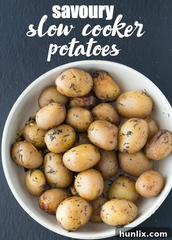 Comforting Slow Cooker Potatoes 3 Serving of Savory Slow Cooker Potatoes, garnished with fresh herbs, showcasing their tender texture.