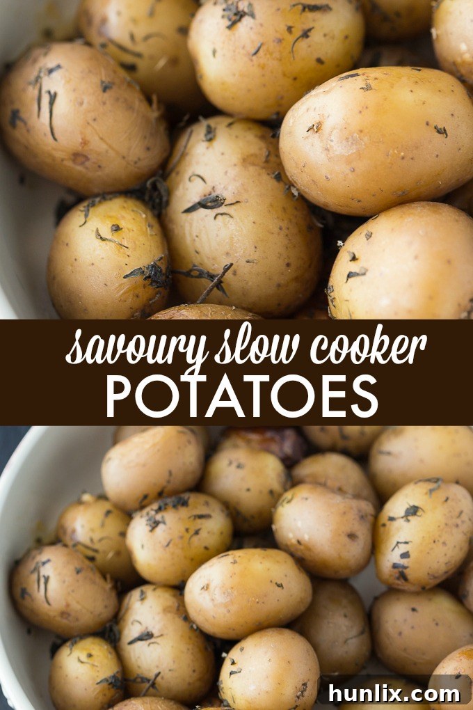 Comforting Slow Cooker Potatoes 4 Ingredients for Savory Slow Cooker Potatoes, including mini potatoes, Summer Savory, garlic, and broth, ready for preparation.