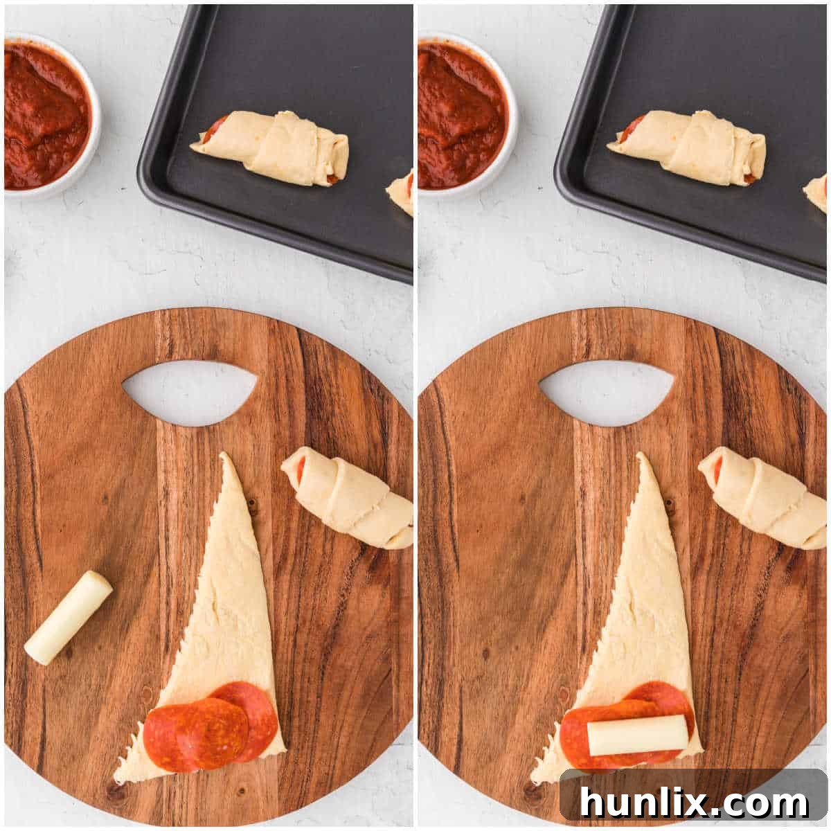 Step-by-step image showing pepperoni and mozzarella cheese placed on a crescent roll triangle, ready to be rolled.