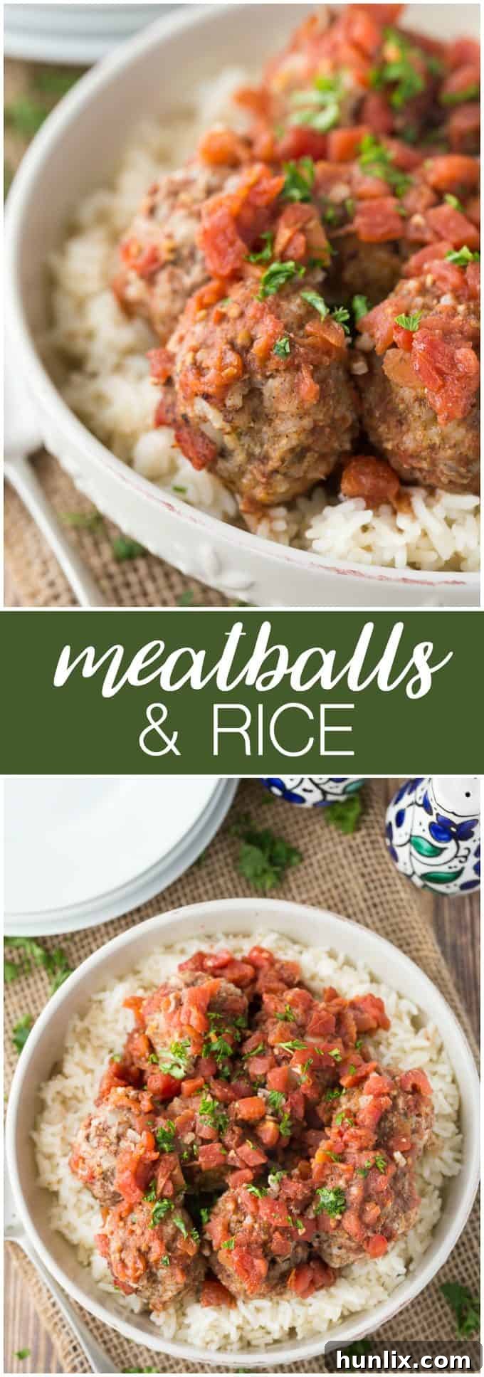A vibrant collage showcasing the process and final presentation of Meatballs & Rice, perfect for family meals.