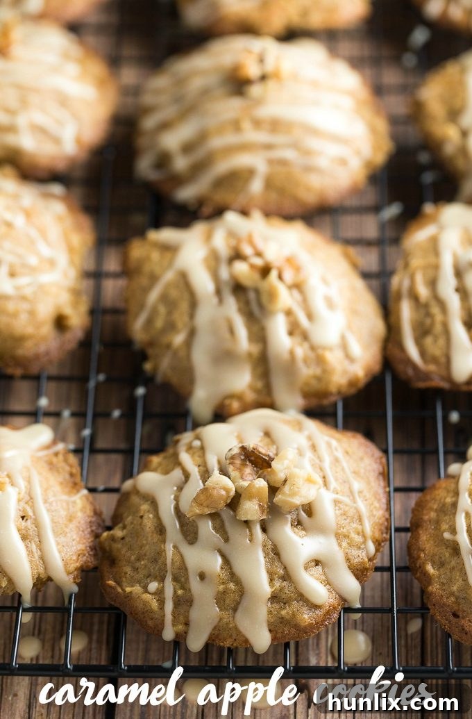 A close-up of a stack of Caramel Apple Cookies, showcasing their soft texture and shimmering caramel glaze.