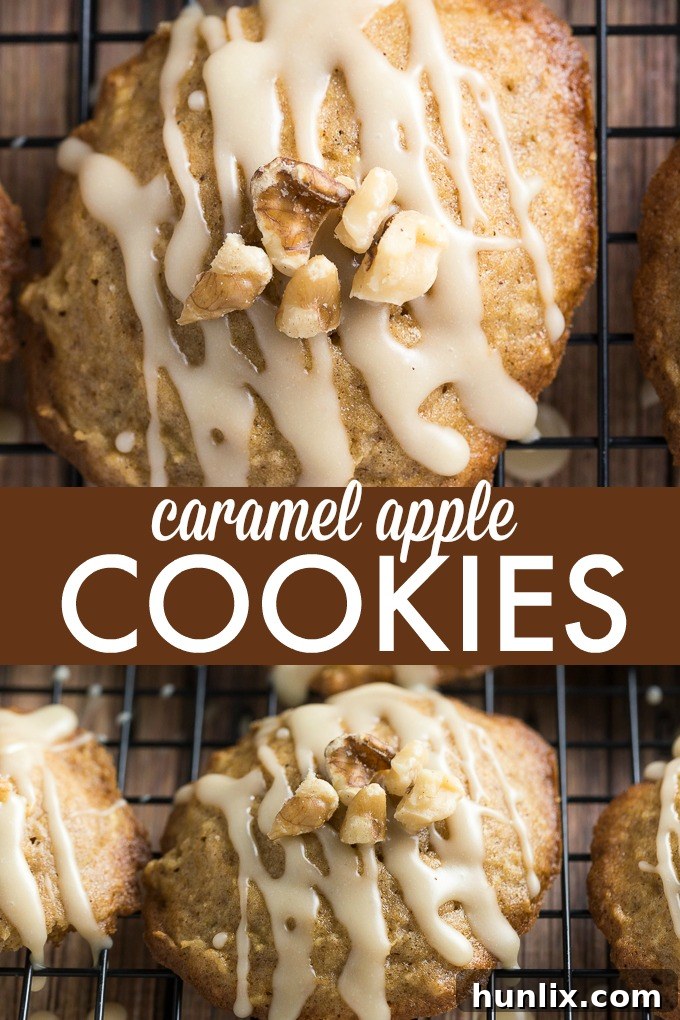 A collage of close-up images showing the stages of making Caramel Apple Cookies, from dough to finished product.