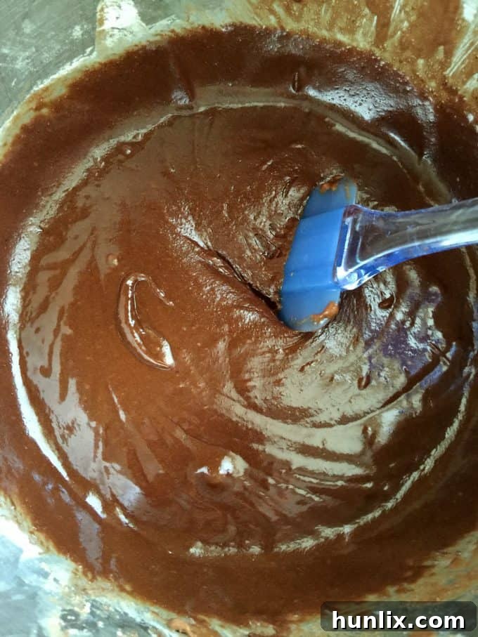 Thick, rich brownie batter being prepared in a mixing bowl after combining eggs, sugar, vanilla, cooled chocolate, and flour.