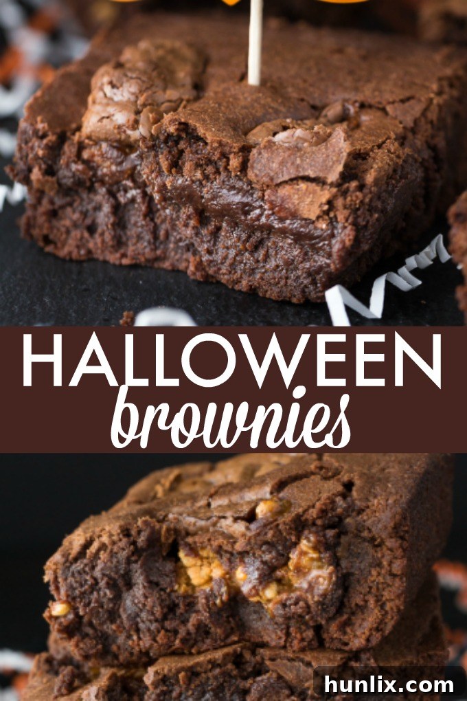 Collage of Halloween Brownies from different angles, highlighting their appealing texture and candy surprises.