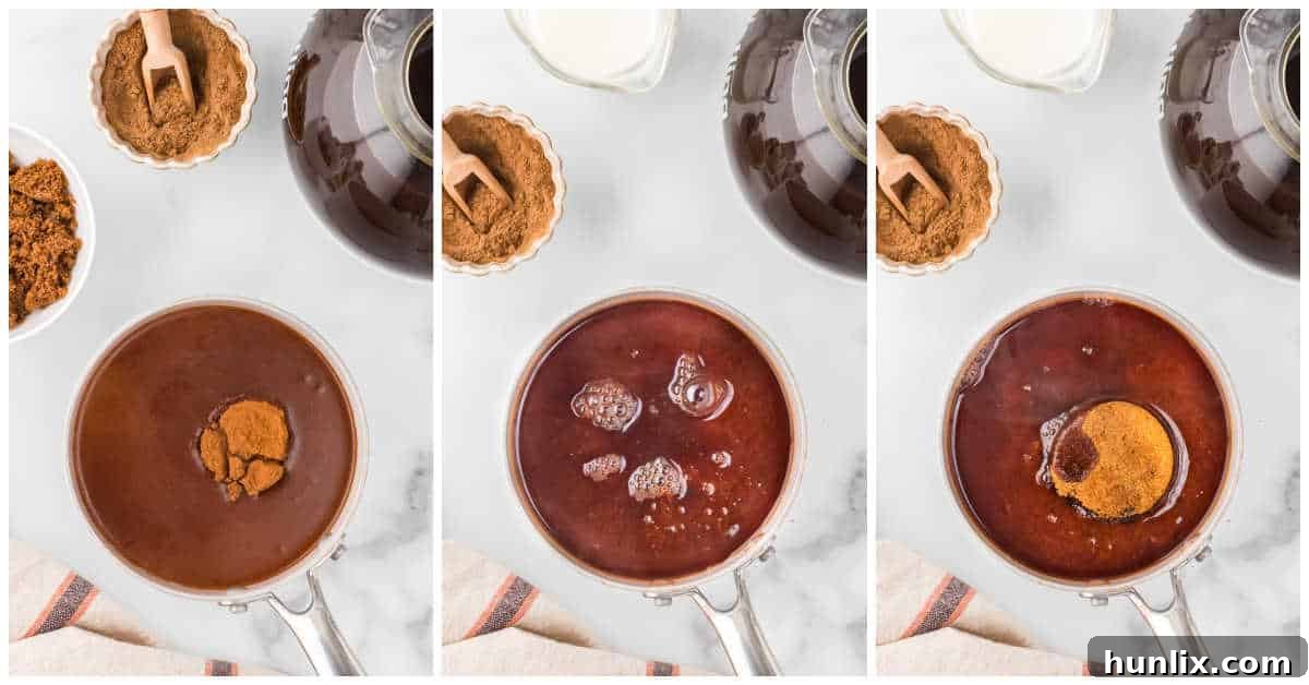 A visual collage showing the process of making cinnamon syrup in a saucepan, from simmering water and cinnamon to stirring in sugar and vanilla.