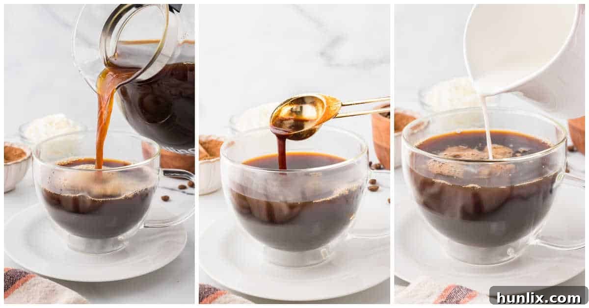 A visual collage illustrating the assembly of a cinnamon cappuccino, showing espresso being poured into a mug, followed by frothed milk, and finally garnished.