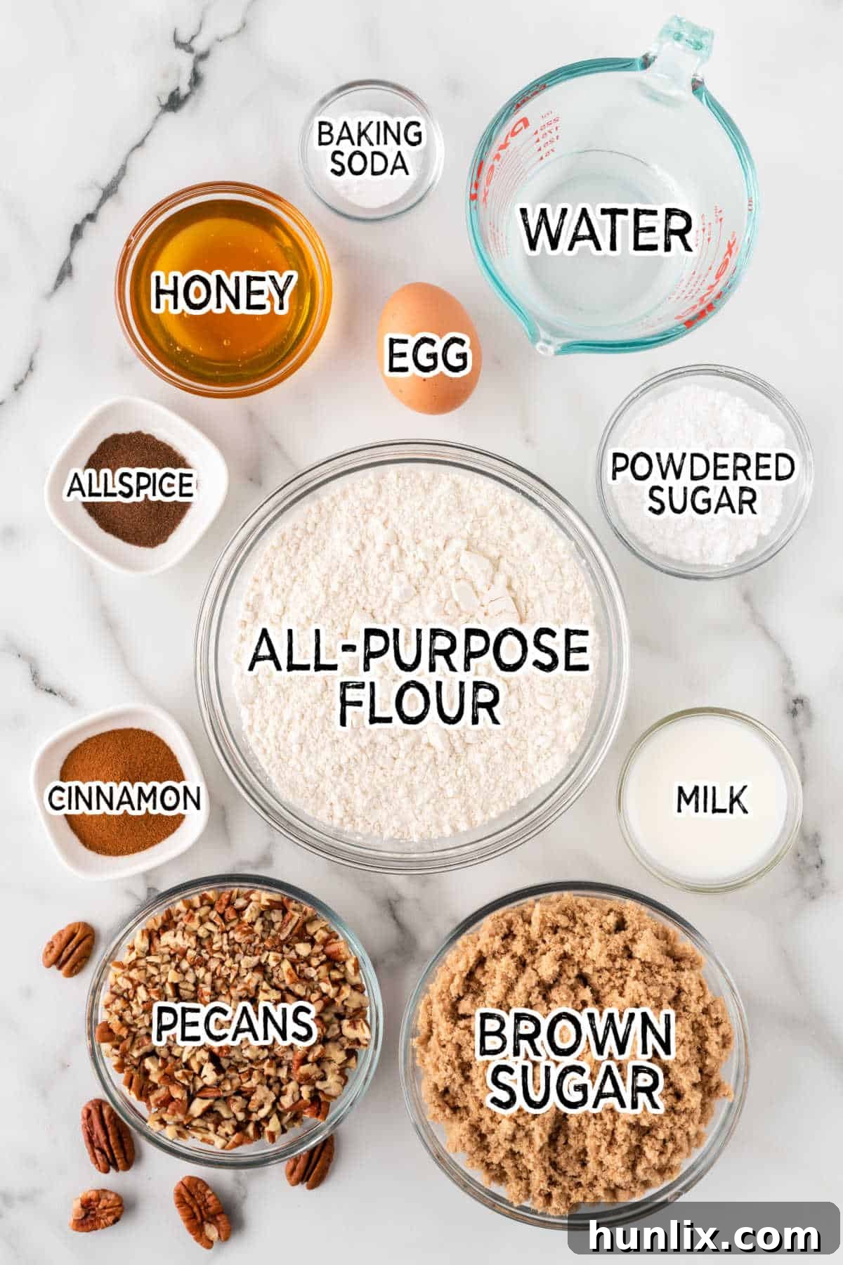 All the brown sugar cookie ingredients laid out on a surface.