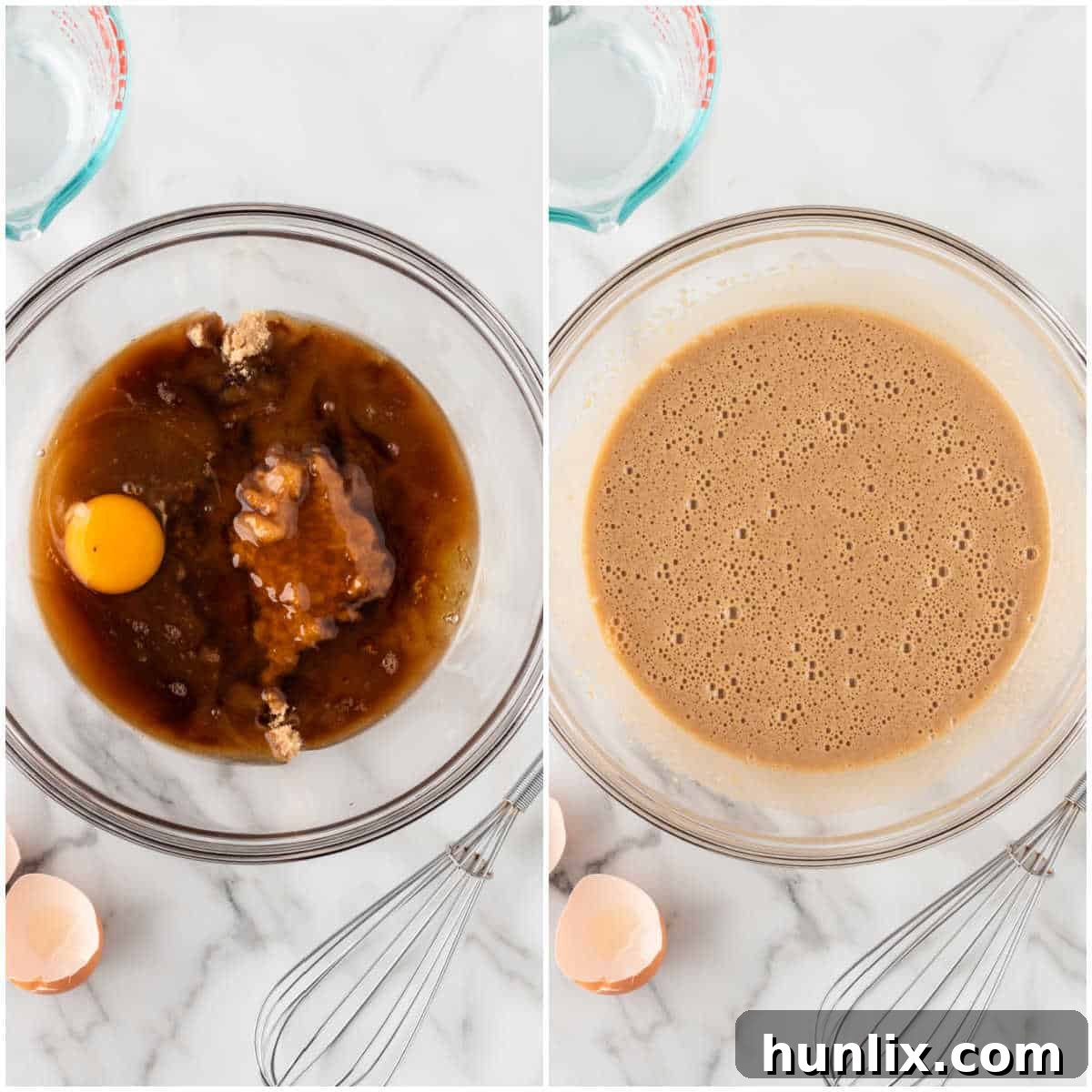 Wet ingredients for brown sugar cookies being mixed in a bowl.