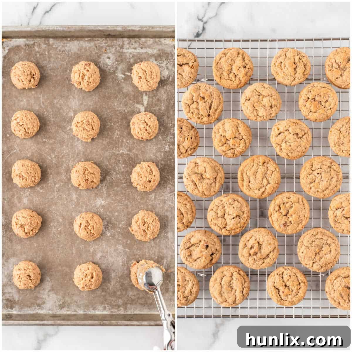 Freshly baked brown sugar cookies on a baking sheet.
