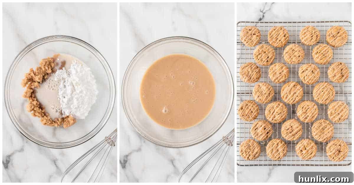 Brown sugar cookies being drizzled with glaze.