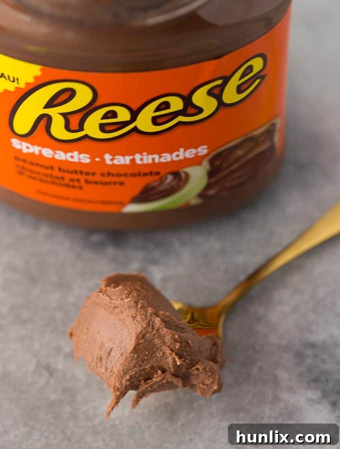 Close-up of the delicious REESE Spreads, a key ingredient in these easy no-bake peanut butter treats.