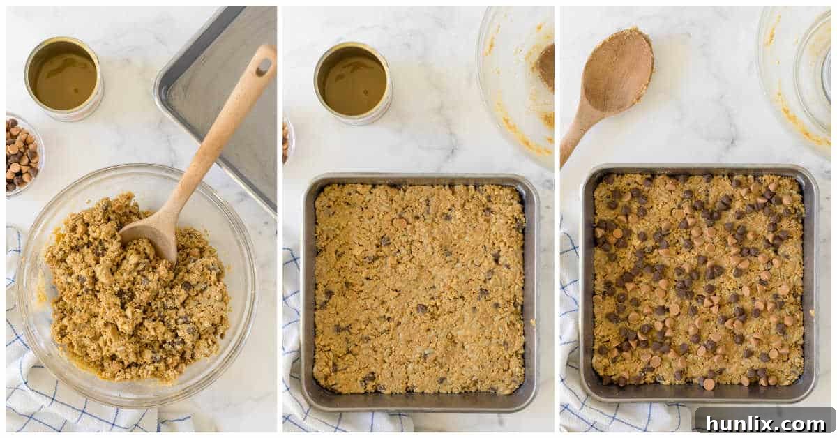 Collage showing steps of mixing ingredients in a bowl and spreading mixture into a baking pan for chewy bars.