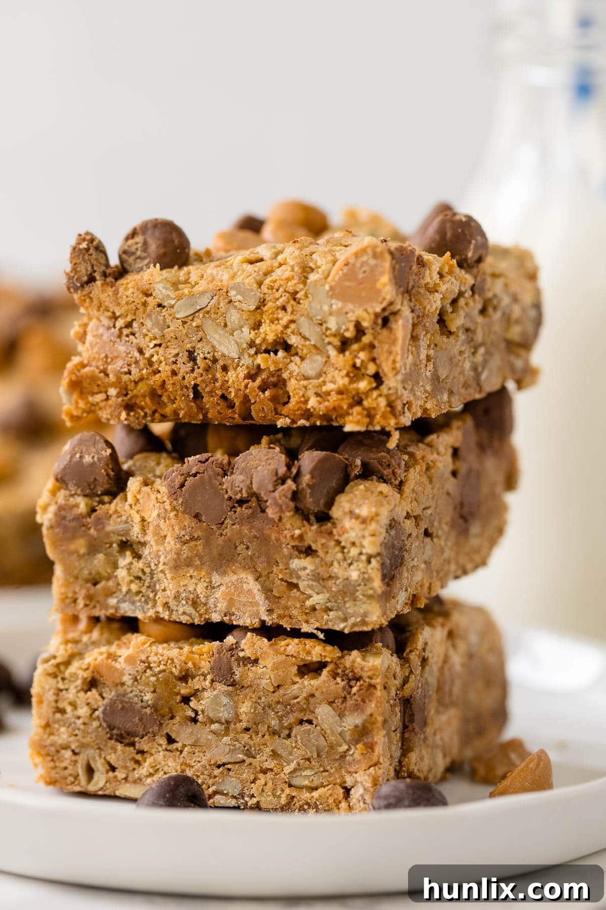 A tall stack of chewy bars, showing their layers and rich texture.