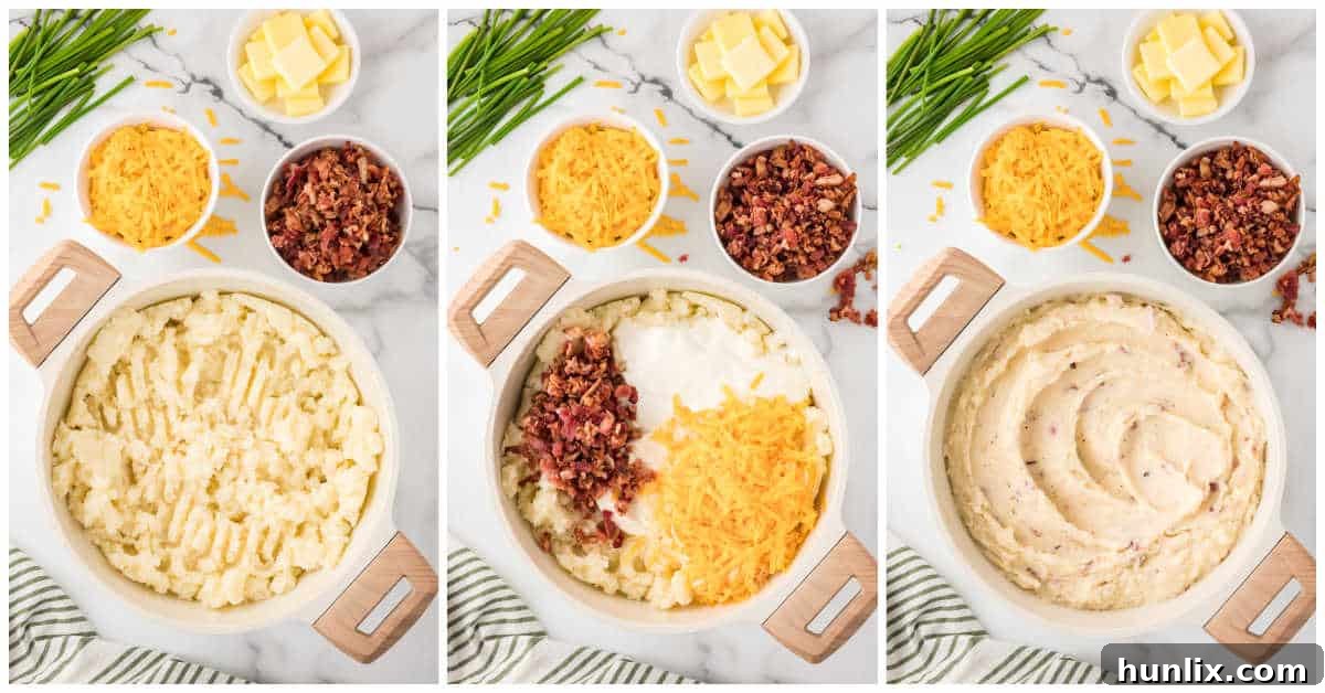 Collage of making mashed potatoes and mixing ingredients.