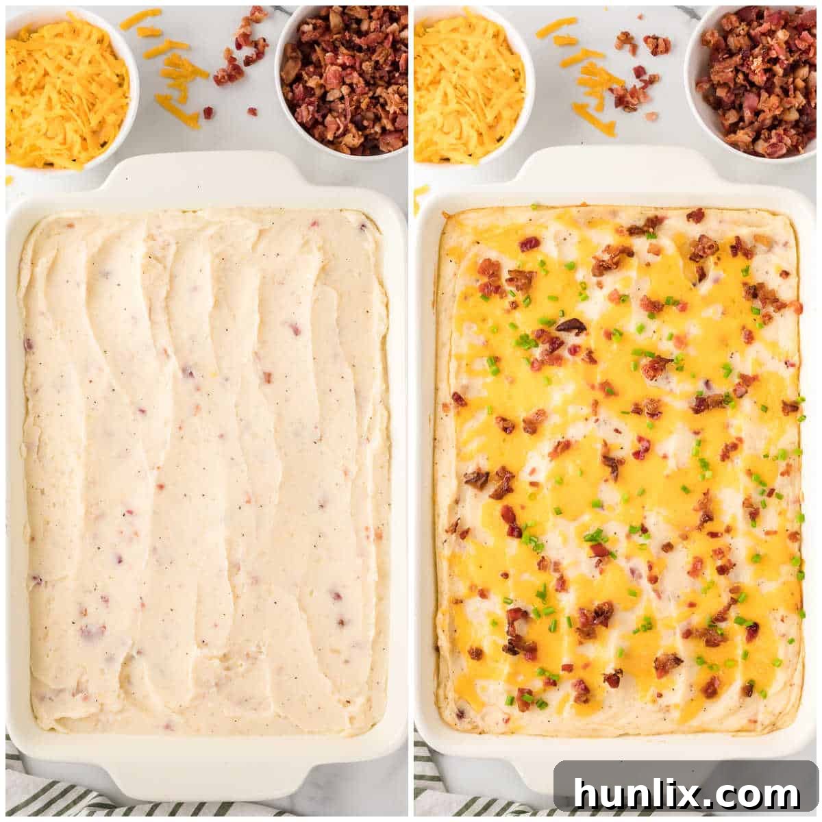 Collage of spreading into a casserole and baking.