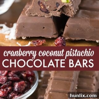 Cranberry Coconut Pistachio Chocolate Bars - Rich and festive homemade chocolate bars perfect for holiday gift giving!