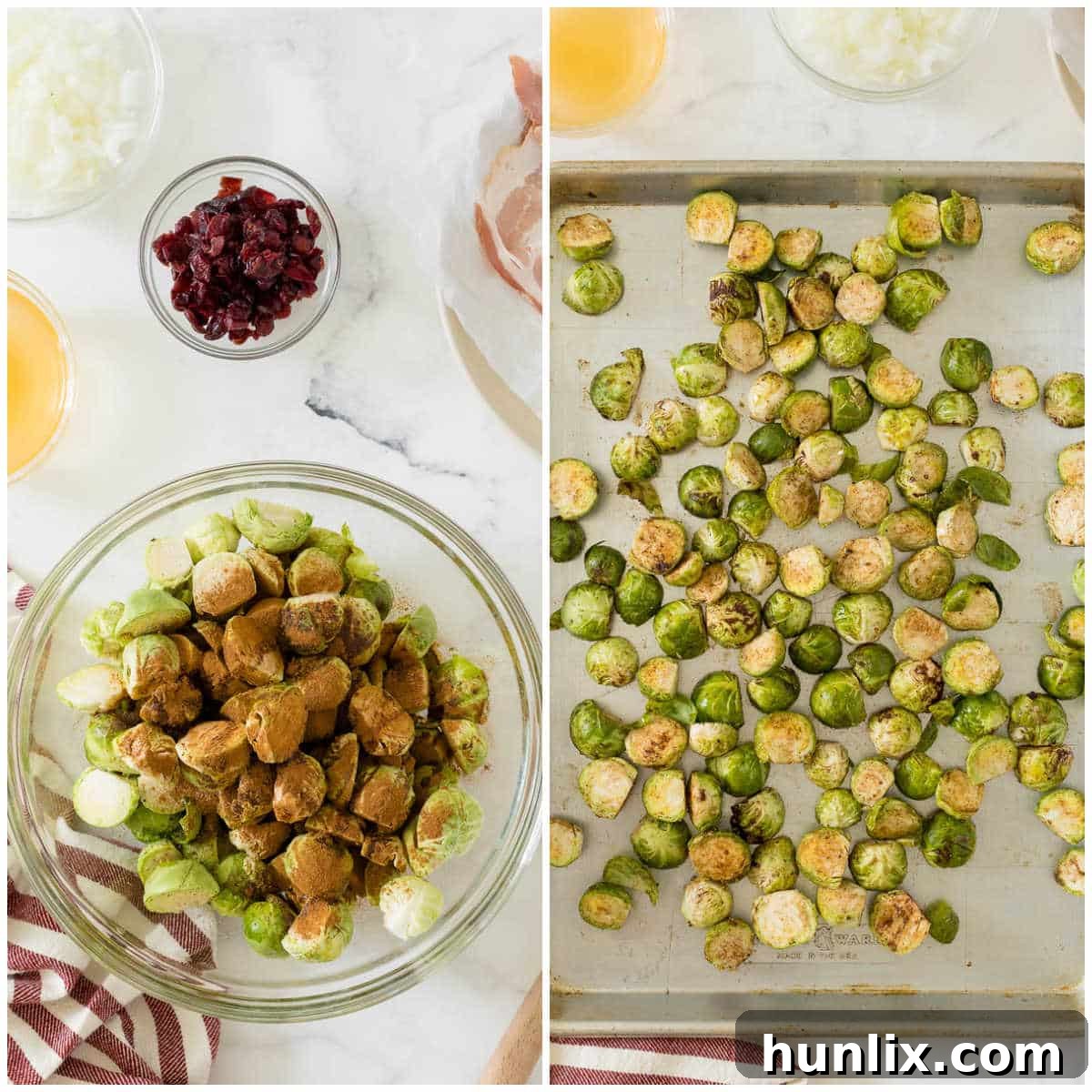 Crispy Bacon Cranberry Roasted Brussels 4 Steps showing brussel sprouts being seasoned and spread on a baking sheet for roasting.